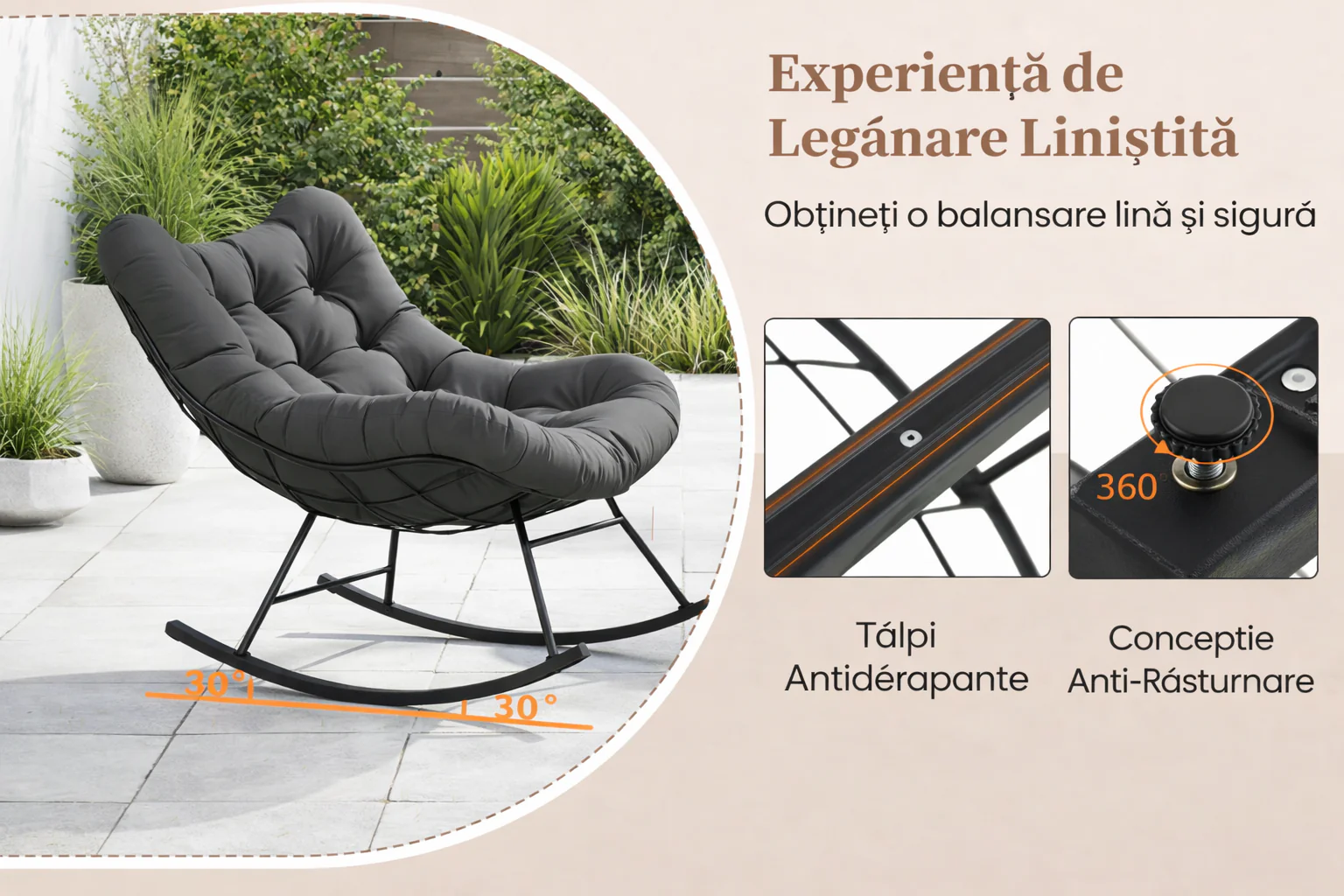 Scaun balansoar cu pernă tip nor – imagine detaliu 2